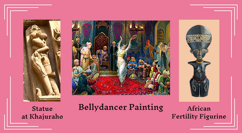 a statue at khajuraho, a bellydancer painting, and an African fertility figurine