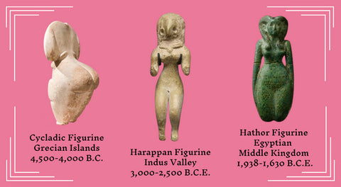 three Cycladic, Egyptian, and Harappan fertility figurines