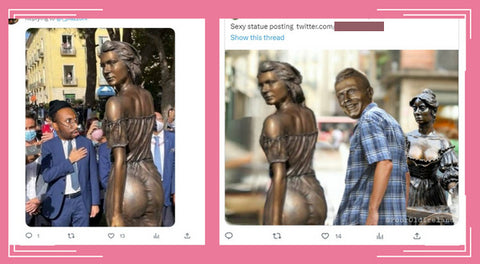 two memes that people made about the statue in the picture