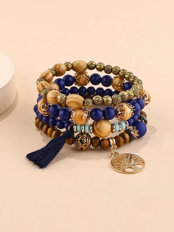 4 pc Leaf Charm Blue & Wooden Beaded Bracelet Set