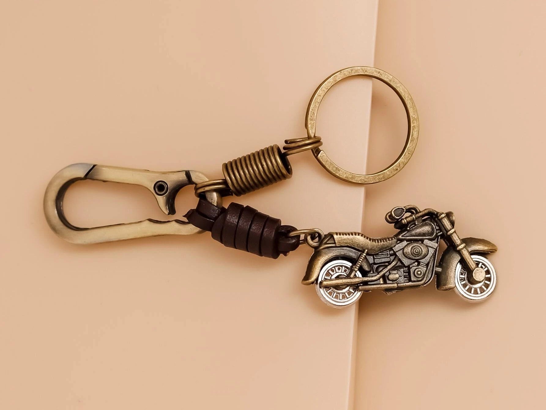 Brass and Leather Motorcycle Charm Keychain