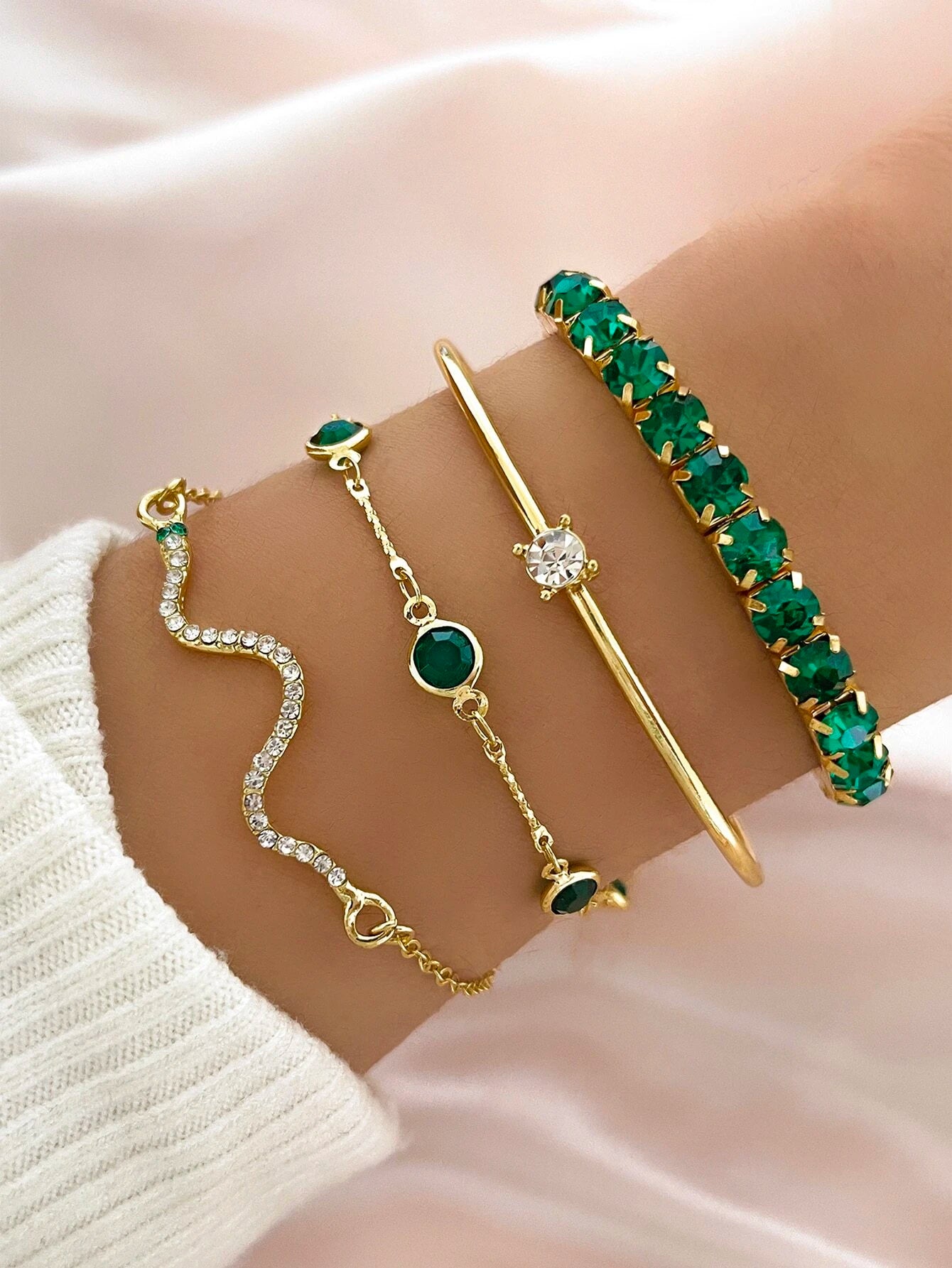 4 Pc Green and White Rhinestone Bracelet Set