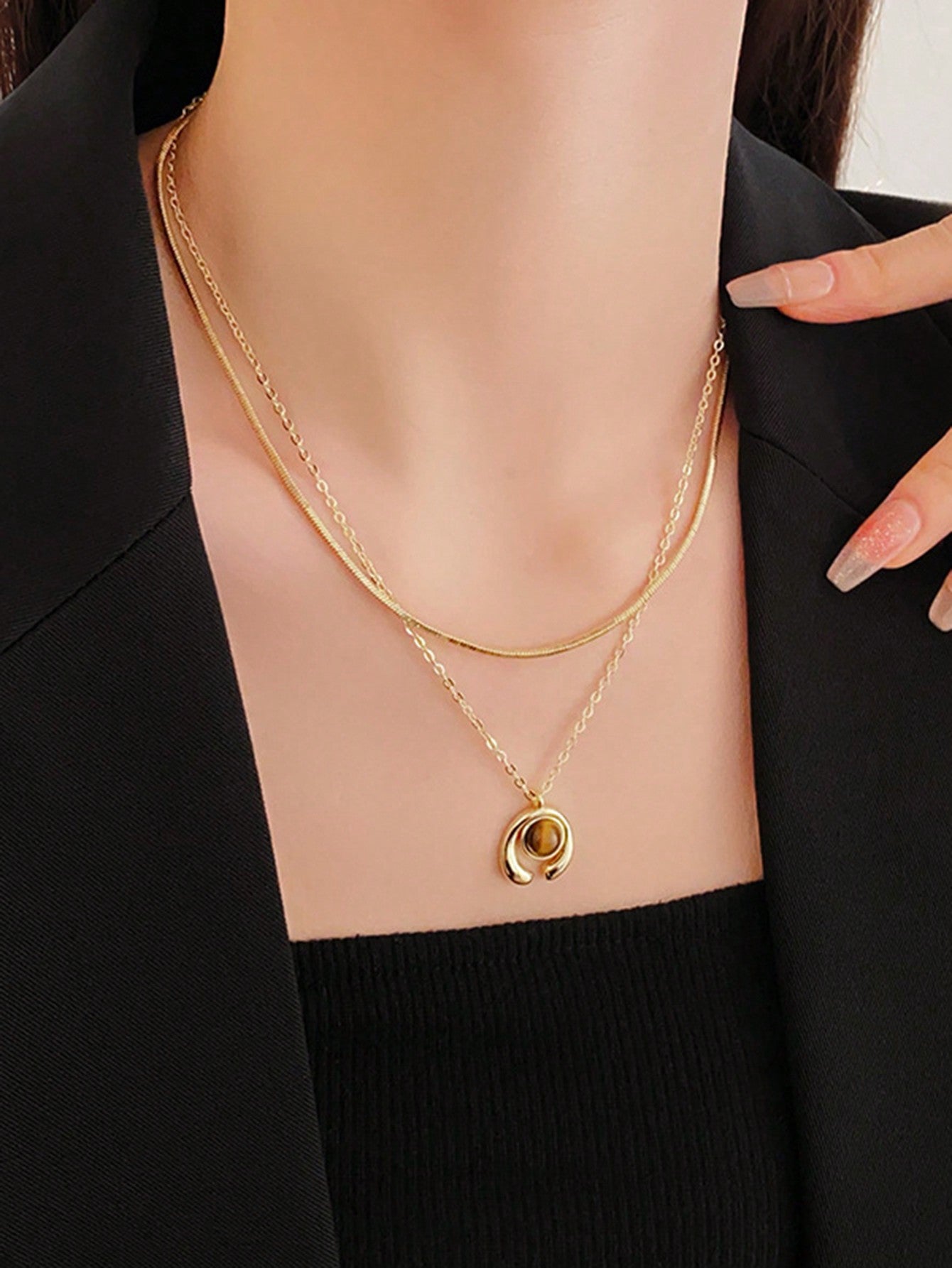 2 Layered Tiger's Eye Pendant Gold Necklace