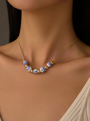 Blue Floral Porcelain Bead Necklace - Style with a Smile Boutique