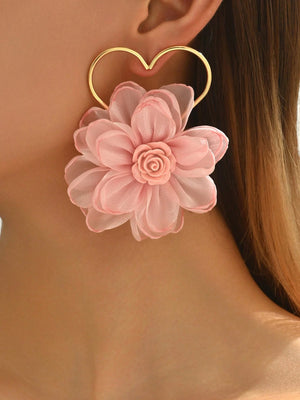 Hollow Heart And Pink Floral Fabric Earrings - Style with a Smile Boutique