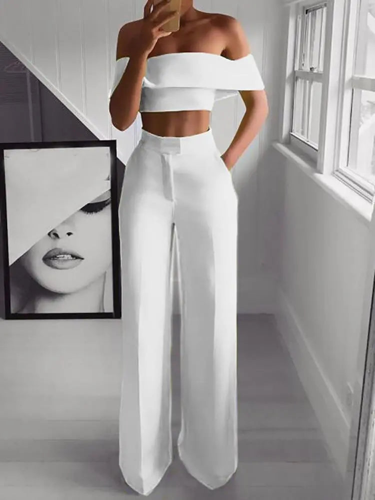 White Black 2 Piece Set Wide Leg Pants Suits Sexy Cropped Top + Long Trousers Fashion Woman Tracksuits