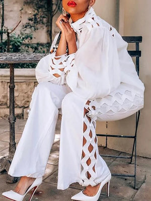 Sexy Hollow Out Women Autumn Clothing Stand Collar Lantern Sleeve Shirt Pants Suits Casual 2 Pieces Outfits - Divine connections 2021
