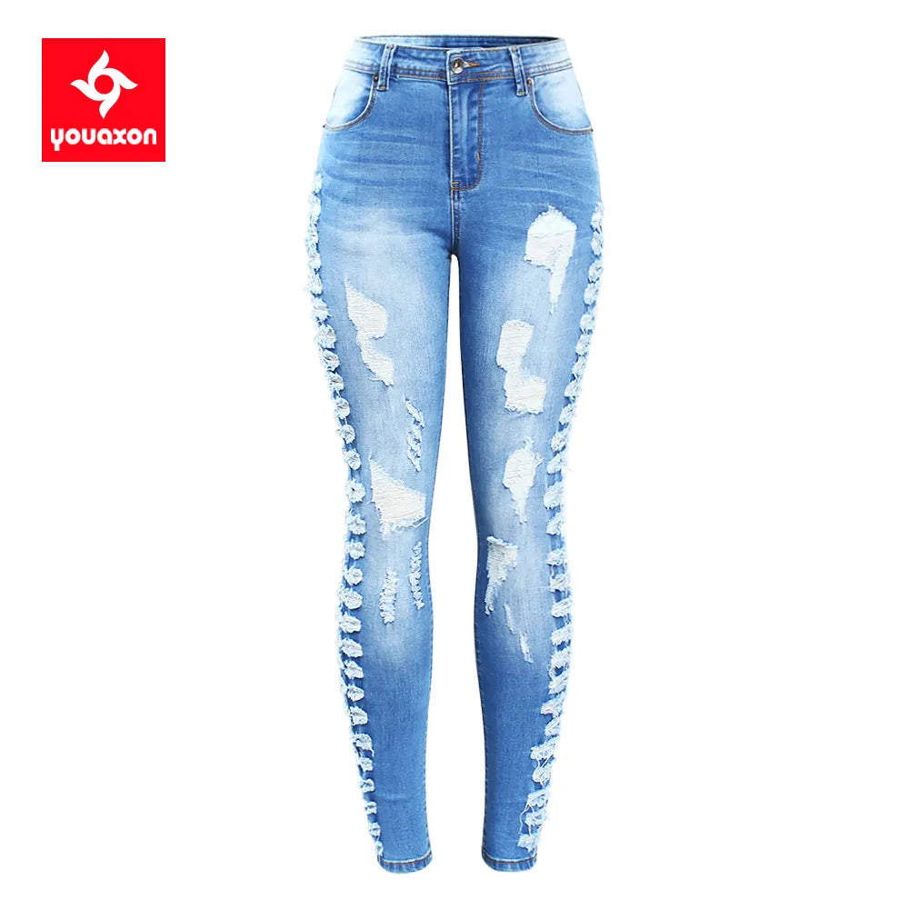 New Arrived Stretchy Ripped Jeans Woman Side Distressed Denim Skinny Pencil Pants