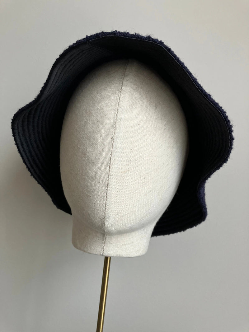 Bucket Hat in British Boiled Wool, Reversible - Navy with Black Satin Jane Taylor London