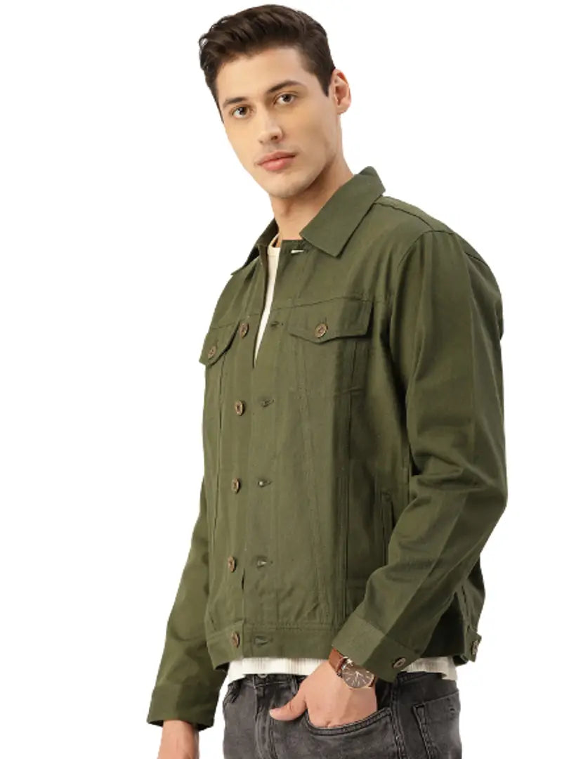 Style Quotient Men Olive Green Solid Denim Jacket | STORE APT
