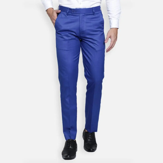 Fabulous Stylish Royal Blue Lycra Blend Solid Formal Trousers For Men