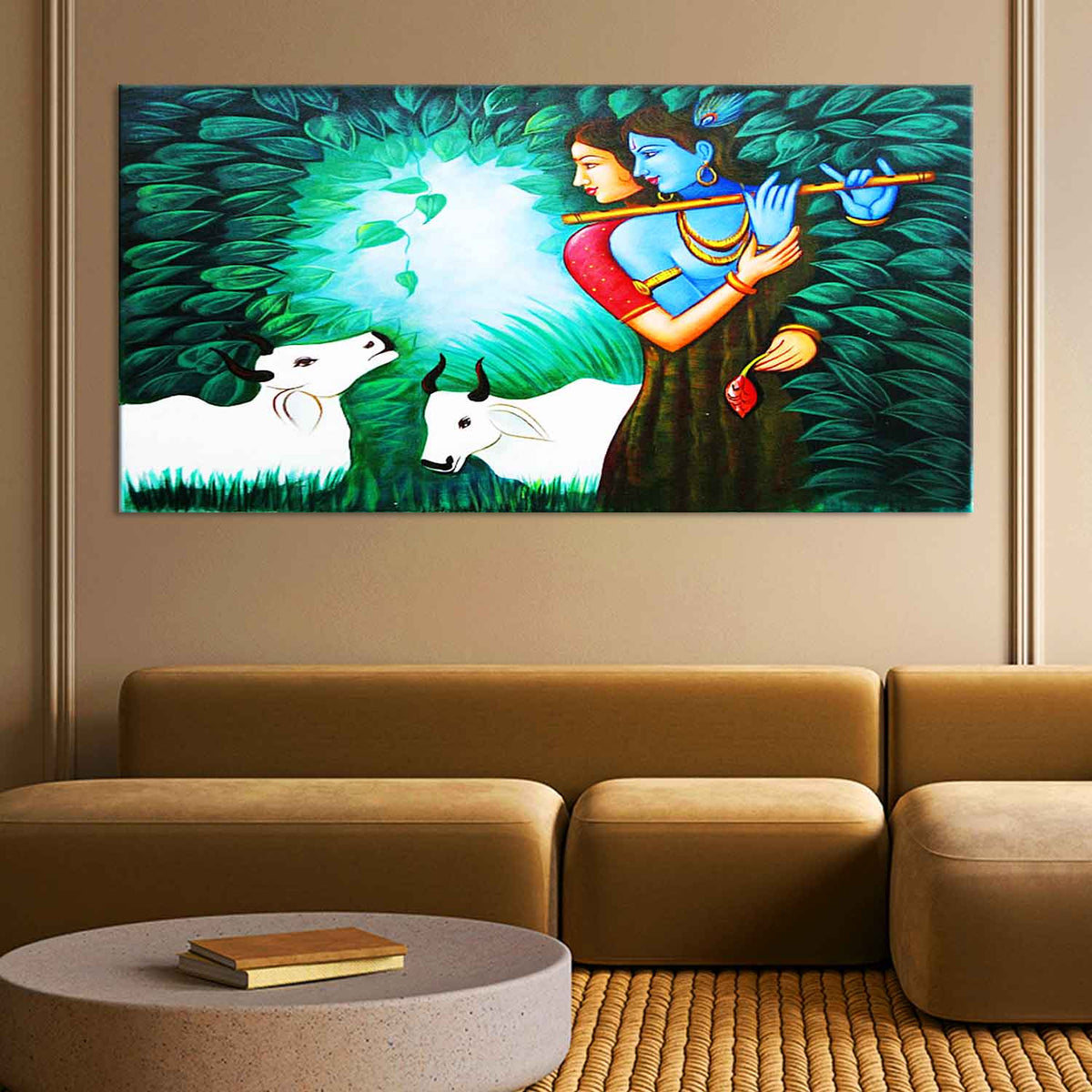Beautiful Radha-Krishna With Cow Canvas Wall Painting – TheClickart