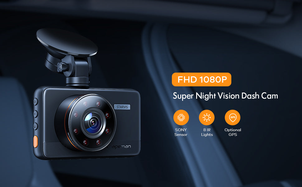 1080p Camera Dash Cam W/ Ir Night Vision, Loop Recording & Ips