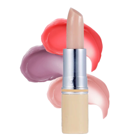 A beige lipstick with colorful smudges in the background.