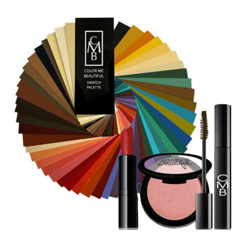 Makeup products displayed with a colorful 'Color Me Beautiful' swatch palette.