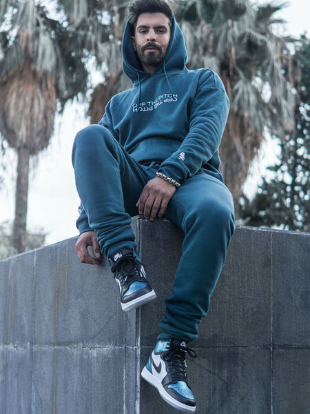 Blue hoodie with matching shoes