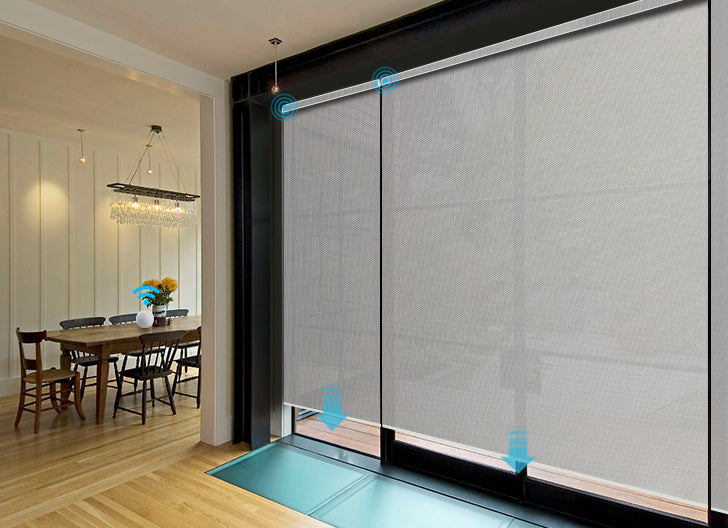 Light-filtering gray shades on the glass door next to the dining table