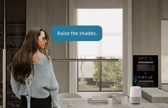 A lady gets back home and voice controls the Google Home device to open the smart blinds.