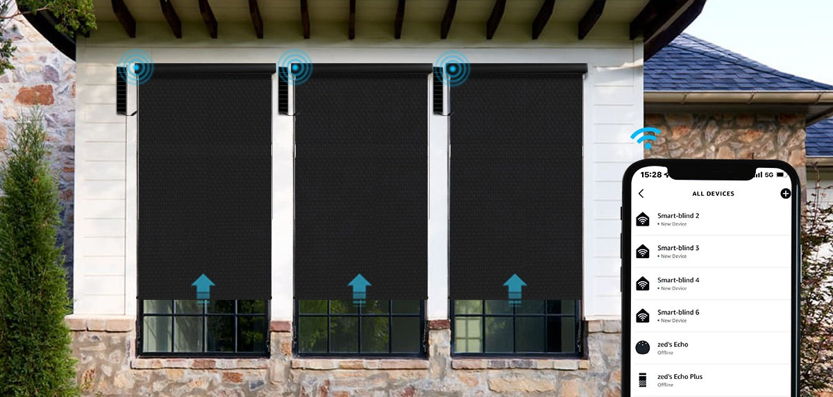 Outdoor curtains hang neatly outside the house.