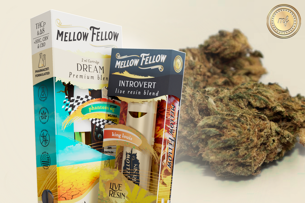 Assorted vape producs from Mellow Fellow with a marijuana bud in the background.