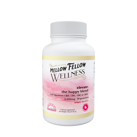 A container of Mellow Fellow WELLNESS gummies: elevate with the happy blend