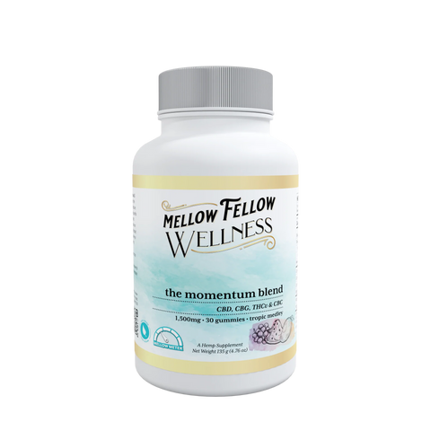 Jar of Mellow Fellow's The Momentum Blend wellness gummies.