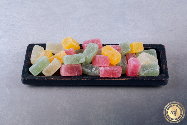 Tray with assorted gummies from Mellow Fellow.