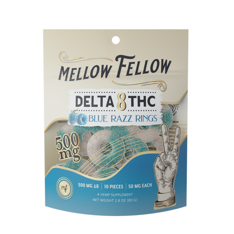 Bag of Mellow Fellow's Blue Razz Delta 8 gummies.