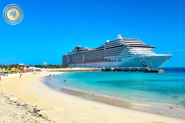 Cruise docked at the beach.