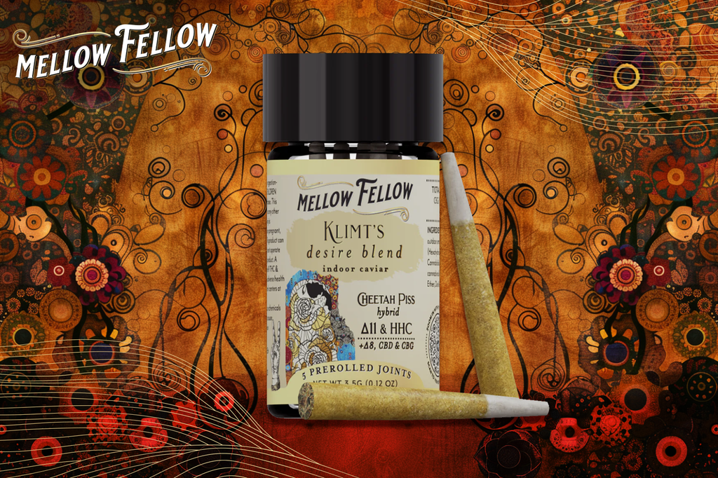 Jar of Mellow Fellow's Klimt Cheetah Piss Prerolls