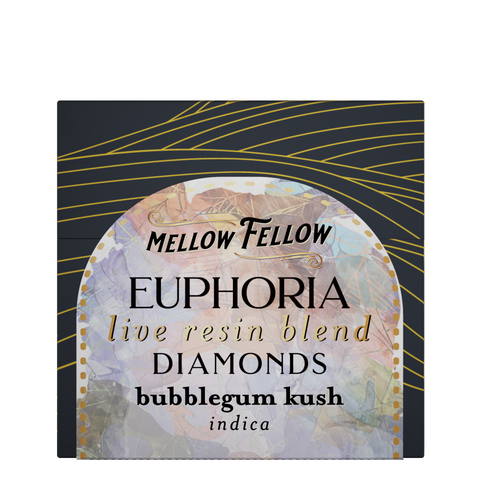 A Mellow Fellow EUPHORIA live resin blend, featuring Diamonds Bubblegum Kush with Indica flavor, is set on a white surface