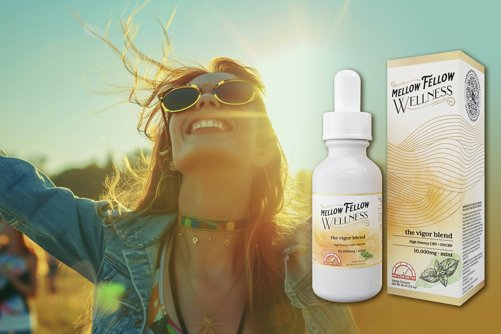 An outdoor portrait of a joyful woman smiling, accompanied by the Mellow Fellow WELLNESS pack