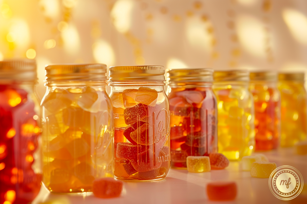 Glass jars with gummy bears inside.