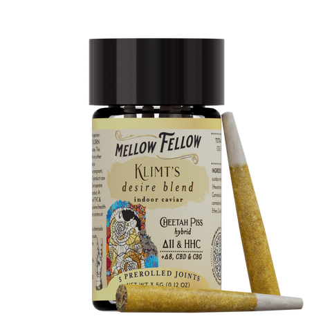 A container of Mellow Fellow KLIMT's Desire Blend prerolled joints