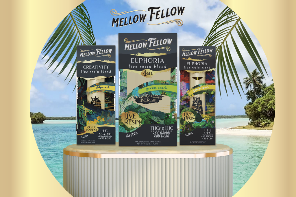 Vape carts from Mellow Fellow with a beach behind them.