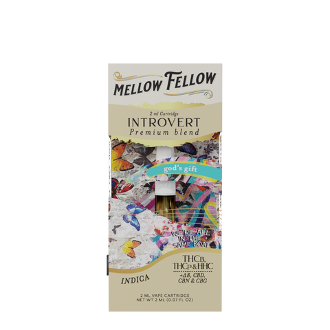 A pack of Mellow Fellow INTROVERT premium blend vape cartridges with Indica flavor