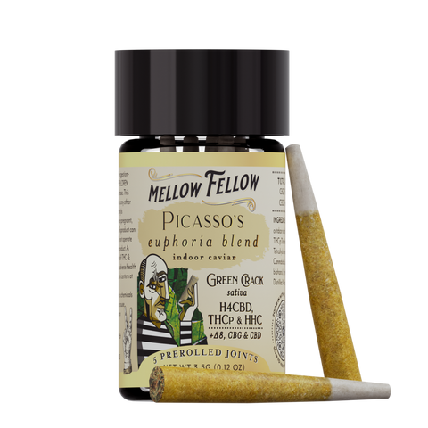 A container of Mellow Fellow PICASSO'S euphoria blend, featuring Green Crack sativa flavor, along with two joints