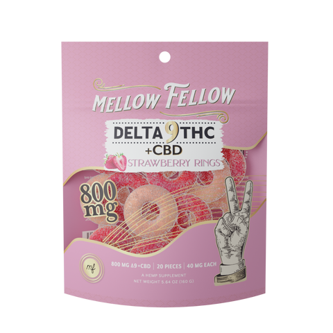 A Mellow Fellow Delta 9 THC + CBD pack, infused with Strawberry Rings flavor and containing 800mg, is set on a white surface