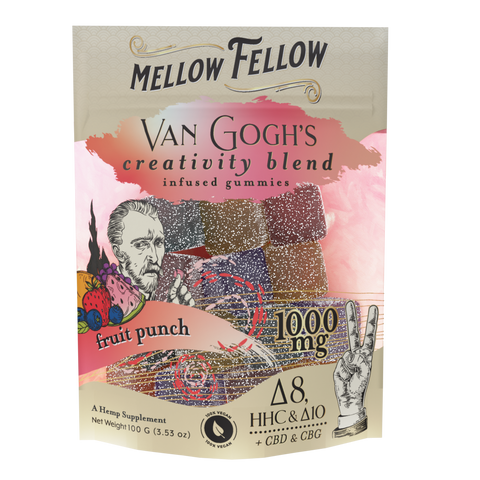 A Mellow Fellow VAN GOGH's Creativity Blend infused gummies pack with Fruit Punch flavor is placed on a white surface