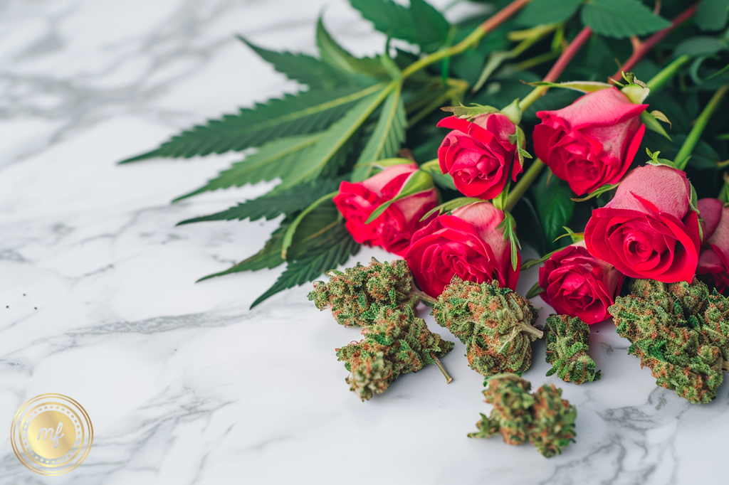 Red roses and marijuana buds laying on a marble table.