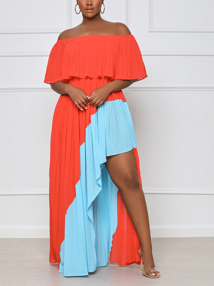 Off Shoulder Ruffle Pleated Dress