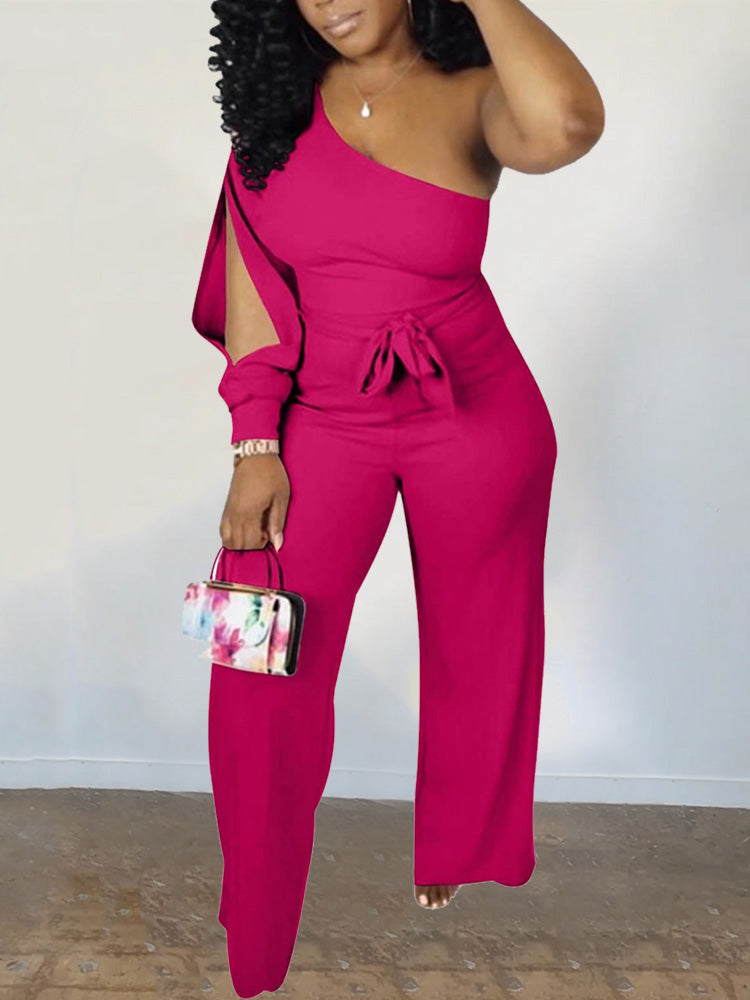 Slit Sleeve Belted Wide Jumpsuit