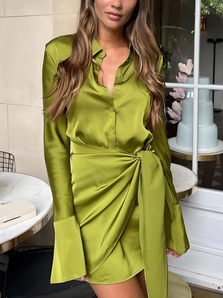 Satin Tie Waist Shirt Dress