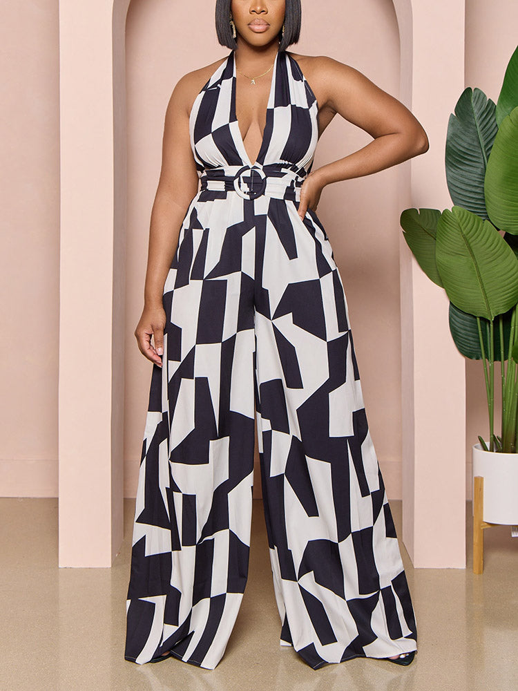 Halter V Neck Printed Jumpsuit