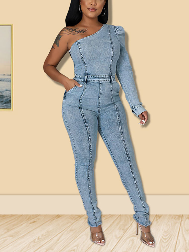 one shoulder denim jumpsuit