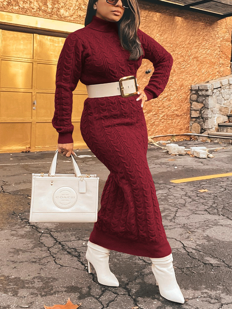 Ribbed Knitted High Neck Midi Dress