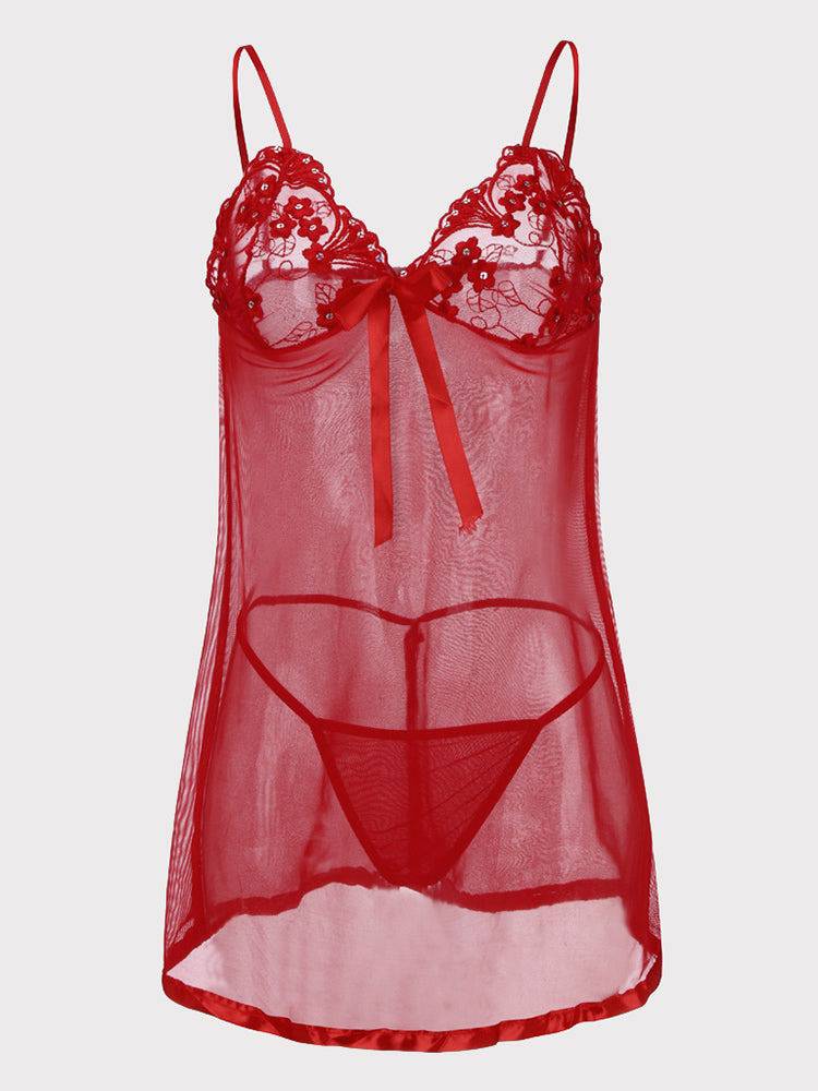 Sheer Mesh Bowknot Babydoll Set