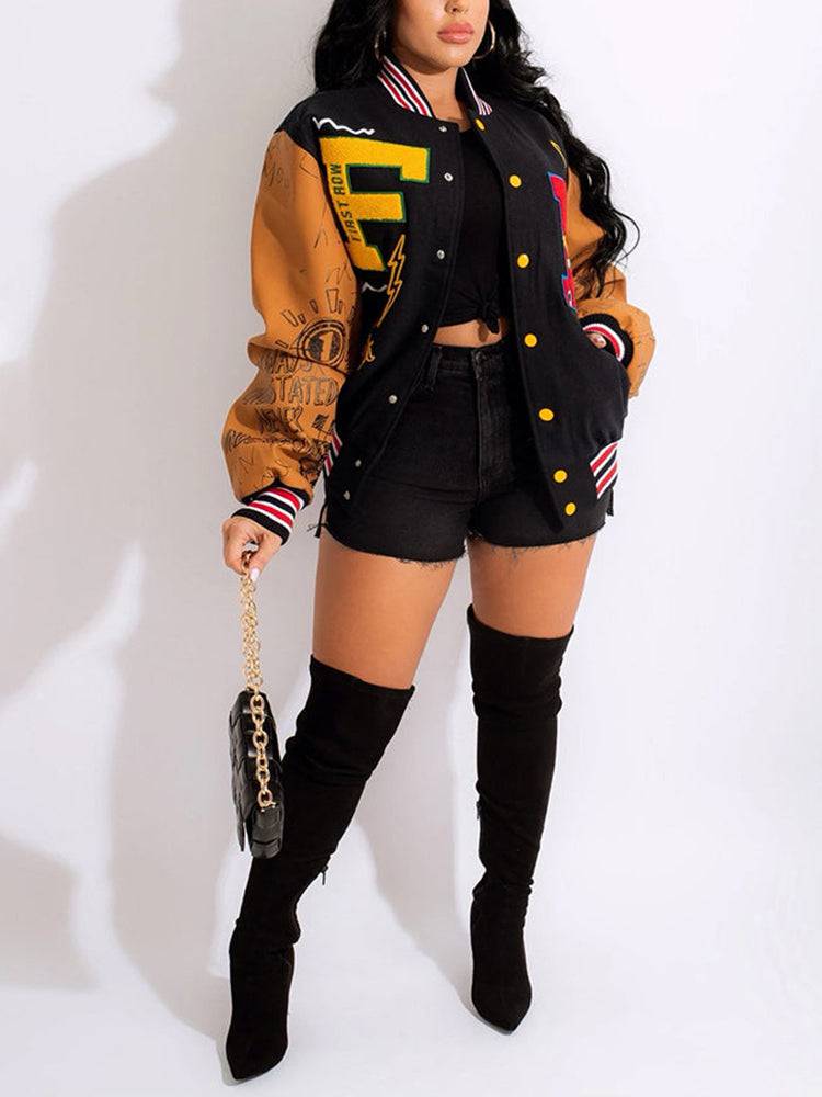 Printed Color Block Baseball Jacket