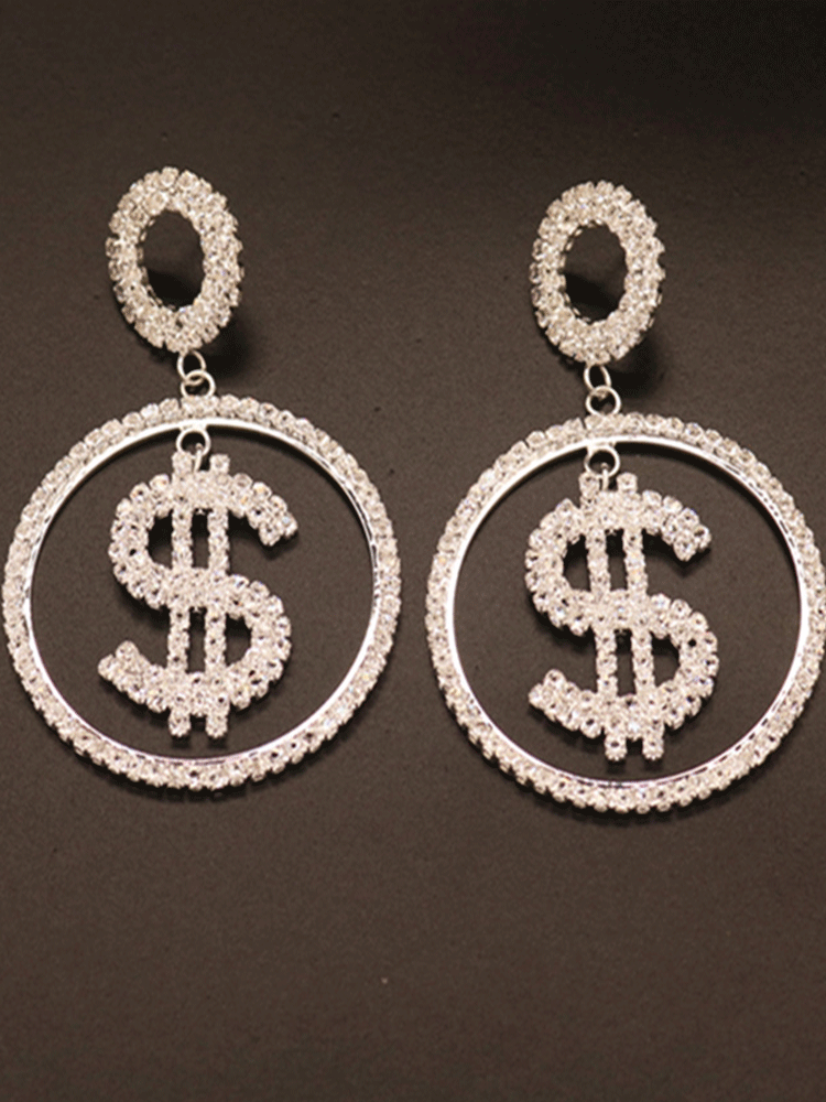 Dollar Shape Rhinestone Drop Earrings