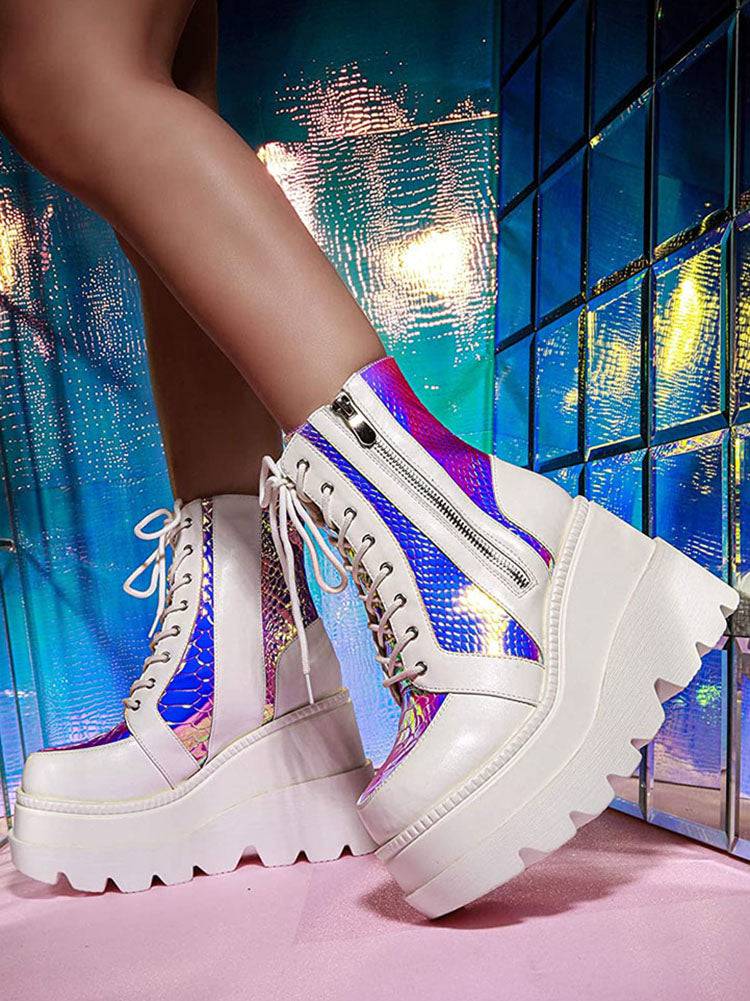 Patchwork Lace Up High Heels Boots